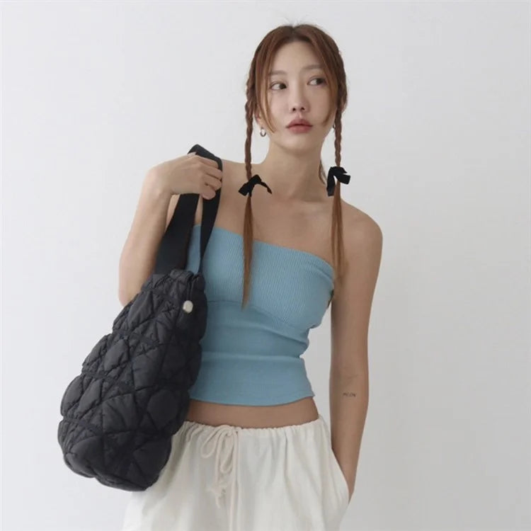 Large Capacity Rhombus Grid Design Women Tote Bag Nylon Single Shoulder Bag