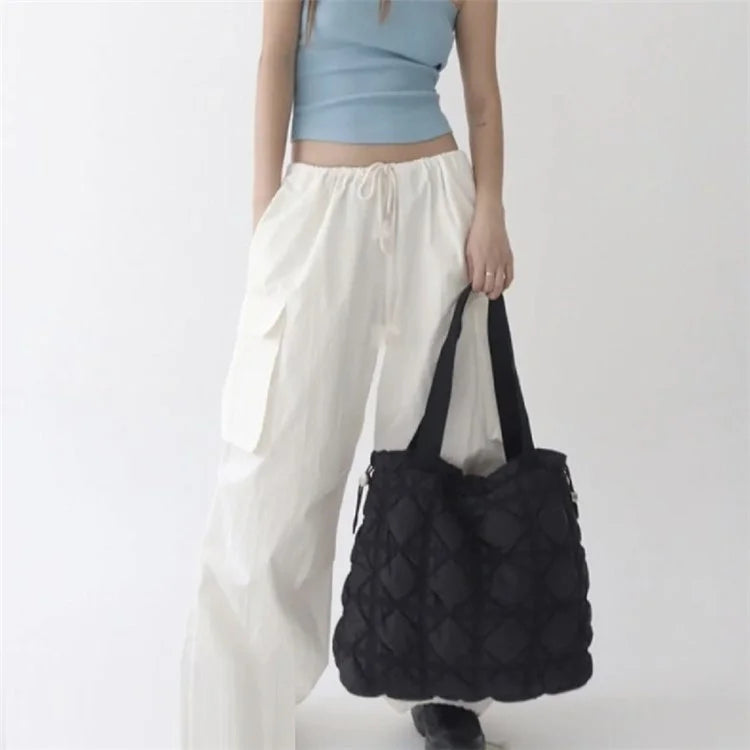 Large Capacity Rhombus Grid Design Women Tote Bag Nylon Single Shoulder Bag
