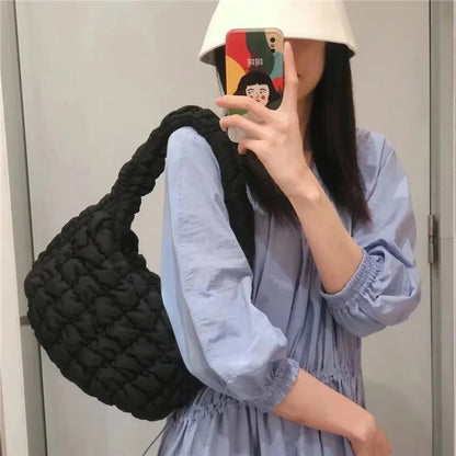 Large Capacity Polyester Pleated Design Women Handbag Stylish Single Shoulder Bag