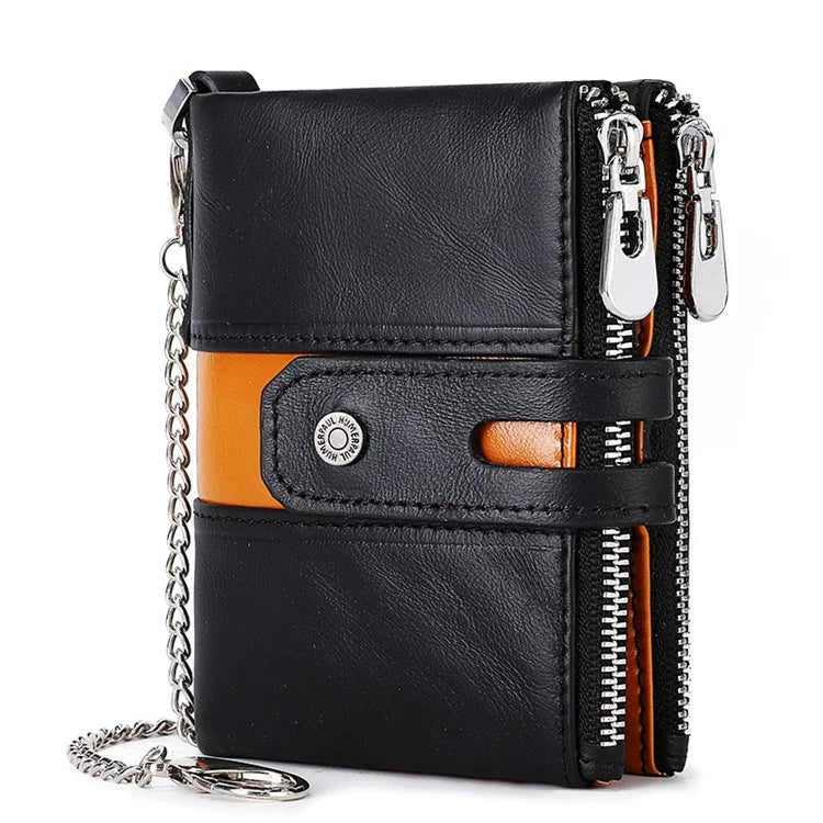 HUMERPAUL BP901 Retro Dual Zippered Wallet RFID Blocking Top Layer Cowhide Leather Card Slot Coin Purse with Chain