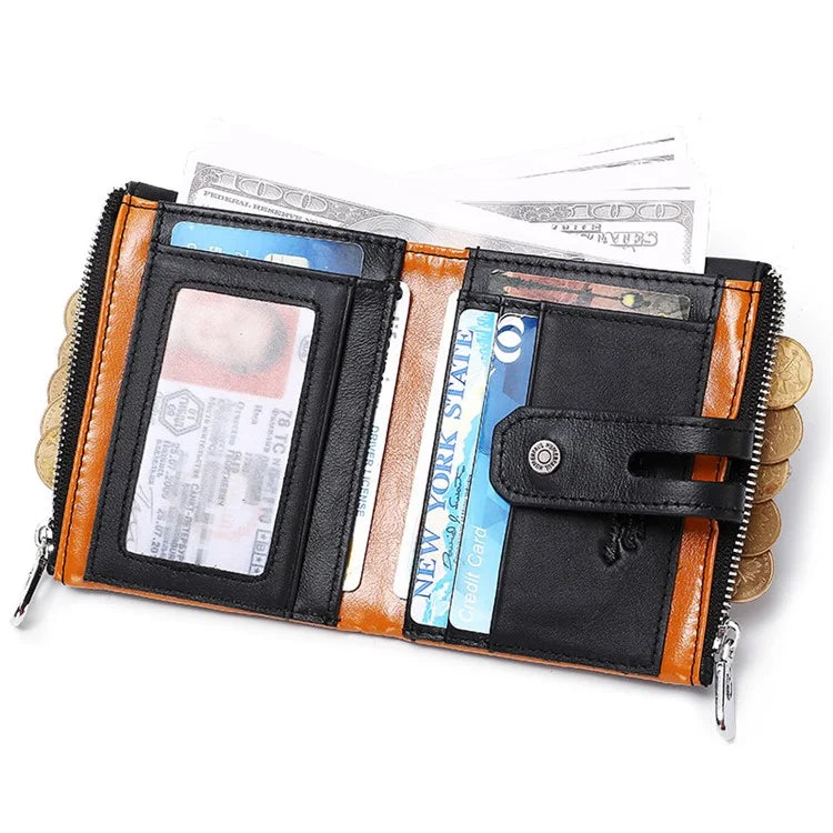 HUMERPAUL BP901 Retro Dual Zippered Wallet RFID Blocking Top Layer Cowhide Leather Card Slot Coin Purse with Chain
