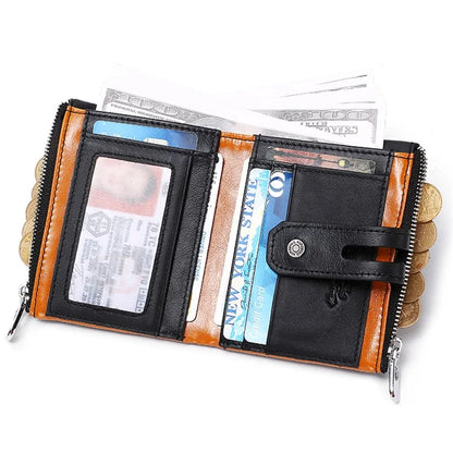 HUMERPAUL BP901 Retro Dual Zippered Wallet RFID Blocking Top Layer Cowhide Leather Card Slot Coin Purse with Chain