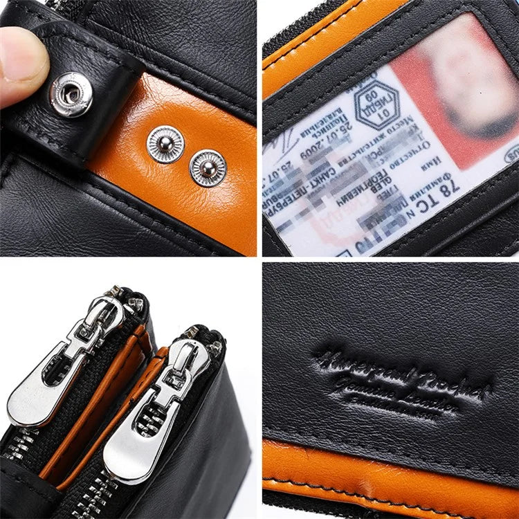 HUMERPAUL BP901 Retro Dual Zippered Wallet RFID Blocking Top Layer Cowhide Leather Card Slot Coin Purse with Chain