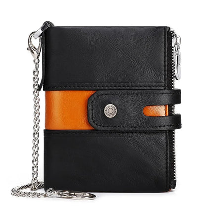 HUMERPAUL BP901 Retro Dual Zippered Wallet RFID Blocking Top Layer Cowhide Leather Card Slot Coin Purse with Chain