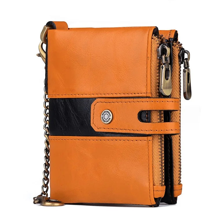 HUMERPAUL BP901 Retro Dual Zippered Wallet RFID Blocking Top Layer Cowhide Leather Card Slot Coin Purse with Chain