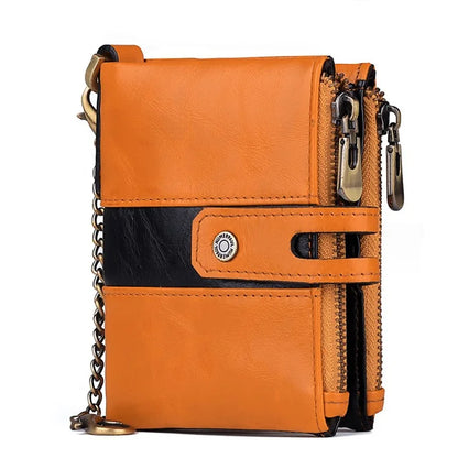 HUMERPAUL BP901 Retro Dual Zippered Wallet RFID Blocking Top Layer Cowhide Leather Card Slot Coin Purse with Chain