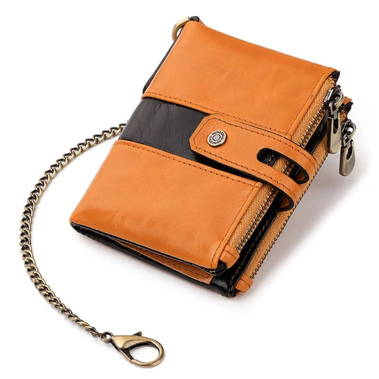 HUMERPAUL BP901 Retro Dual Zippered Wallet RFID Blocking Top Layer Cowhide Leather Card Slot Coin Purse with Chain