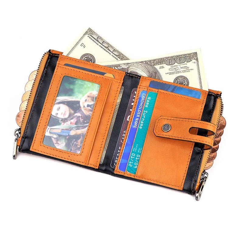 HUMERPAUL BP901 Retro Dual Zippered Wallet RFID Blocking Top Layer Cowhide Leather Card Slot Coin Purse with Chain