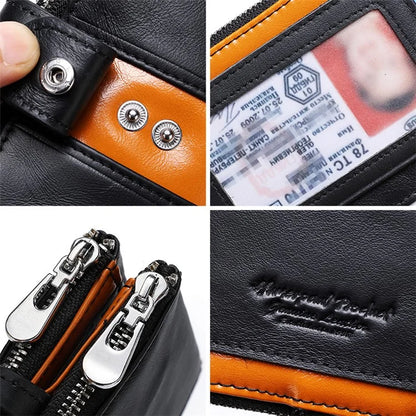 HUMERPAUL BP901 Retro Dual Zippered Wallet RFID Blocking Top Layer Cowhide Leather Card Slot Coin Purse with Chain