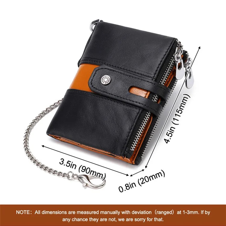 HUMERPAUL BP901 Retro Dual Zippered Wallet RFID Blocking Top Layer Cowhide Leather Card Slot Coin Purse with Chain