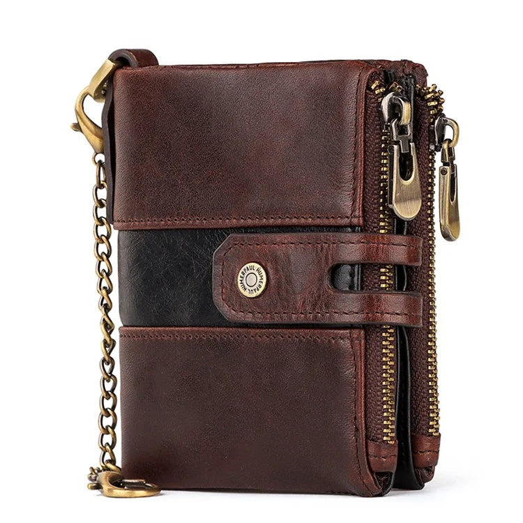 HUMERPAUL BP901 Retro Dual Zippered Wallet RFID Blocking Top Layer Cowhide Leather Card Slot Coin Purse with Chain