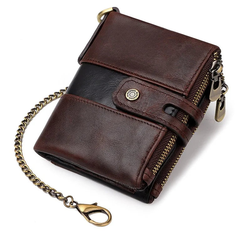 HUMERPAUL BP901 Retro Dual Zippered Wallet RFID Blocking Top Layer Cowhide Leather Card Slot Coin Purse with Chain