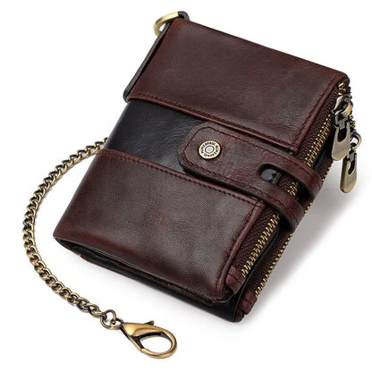 HUMERPAUL BP901 Retro Dual Zippered Wallet RFID Blocking Top Layer Cowhide Leather Card Slot Coin Purse with Chain