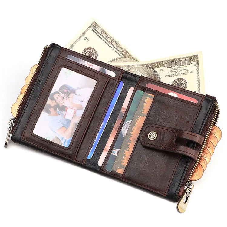 HUMERPAUL BP901 Retro Dual Zippered Wallet RFID Blocking Top Layer Cowhide Leather Card Slot Coin Purse with Chain