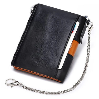HUMERPAUL BP901 Retro Dual Zippered Wallet RFID Blocking Top Layer Cowhide Leather Card Slot Coin Purse with Chain