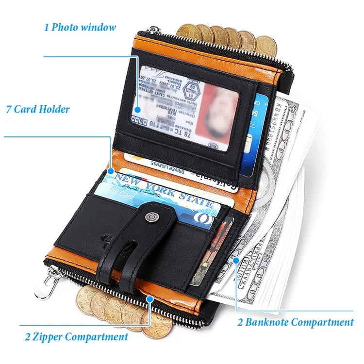 HUMERPAUL BP901 Retro Dual Zippered Wallet RFID Blocking Top Layer Cowhide Leather Card Slot Coin Purse with Chain
