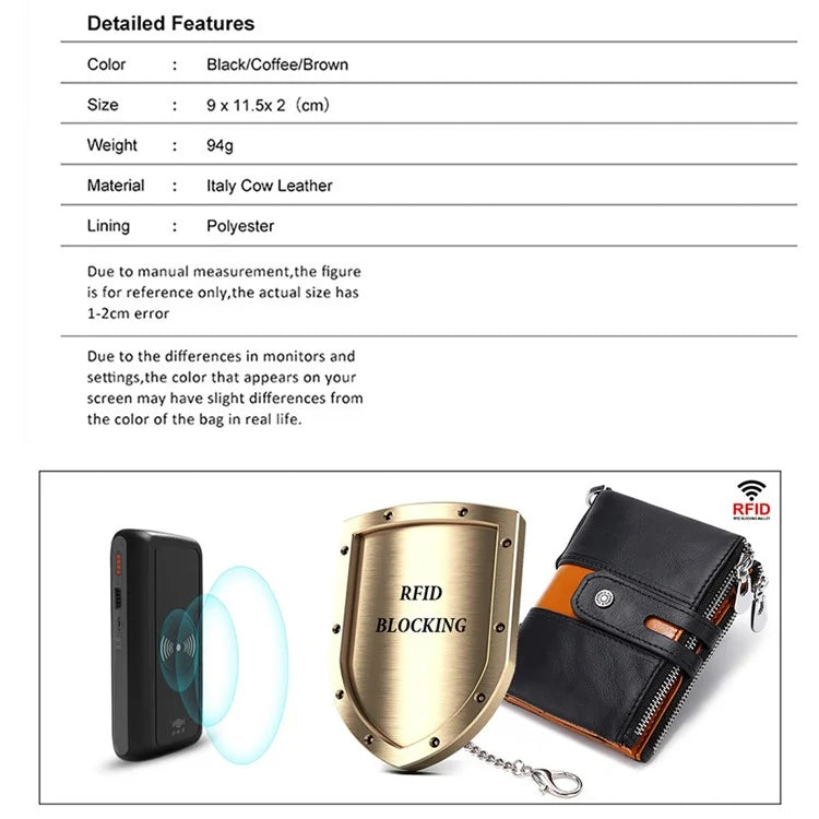 HUMERPAUL BP901 Retro Dual Zippered Wallet RFID Blocking Top Layer Cowhide Leather Card Slot Coin Purse with Chain