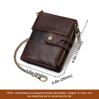 HUMERPAUL BP901 Retro Dual Zippered Wallet RFID Blocking Top Layer Cowhide Leather Card Slot Coin Purse with Chain