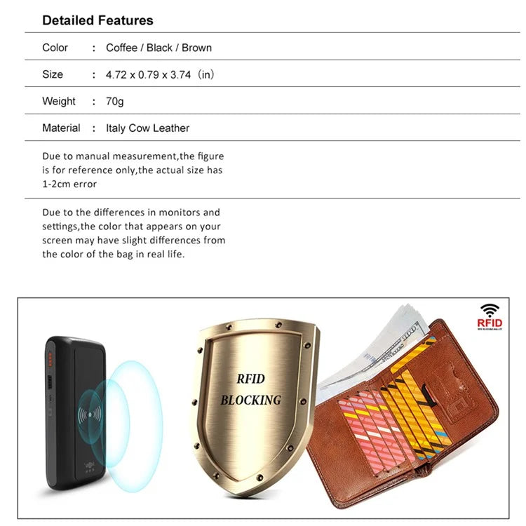 HUMERPAUL BP722 Top Layer Cowhide Leather Slim Wallet RFID Blocking Card Slot Coin Purse Bag