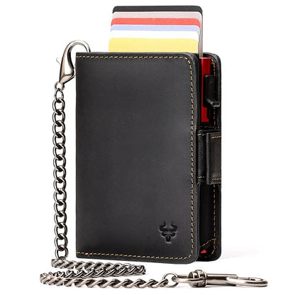 HUMERPAUL BP713 RFID Blocking Wallet Top Layer Cowhide Leather Metal Card Slot Coin Purse with Chain