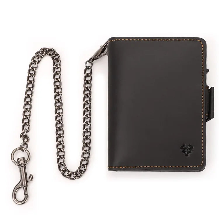 HUMERPAUL BP713 RFID Blocking Wallet Top Layer Cowhide Leather Metal Card Slot Coin Purse with Chain