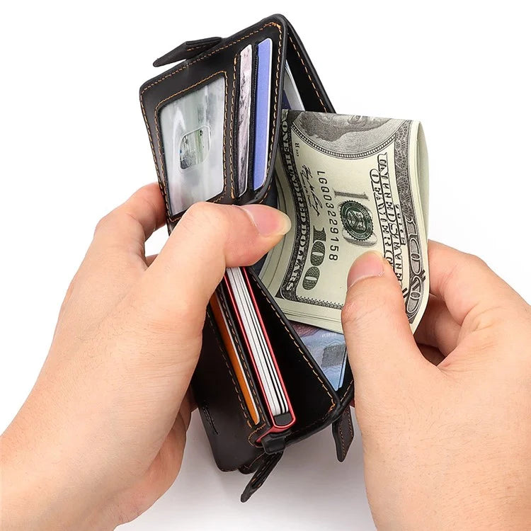 HUMERPAUL BP713 RFID Blocking Wallet Top Layer Cowhide Leather Metal Card Slot Coin Purse with Chain