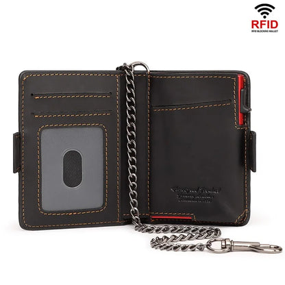 HUMERPAUL BP713 RFID Blocking Wallet Top Layer Cowhide Leather Metal Card Slot Coin Purse with Chain