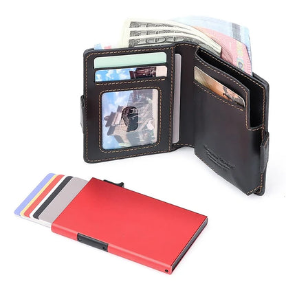 HUMERPAUL BP713 RFID Blocking Wallet Top Layer Cowhide Leather Metal Card Slot Coin Purse with Chain
