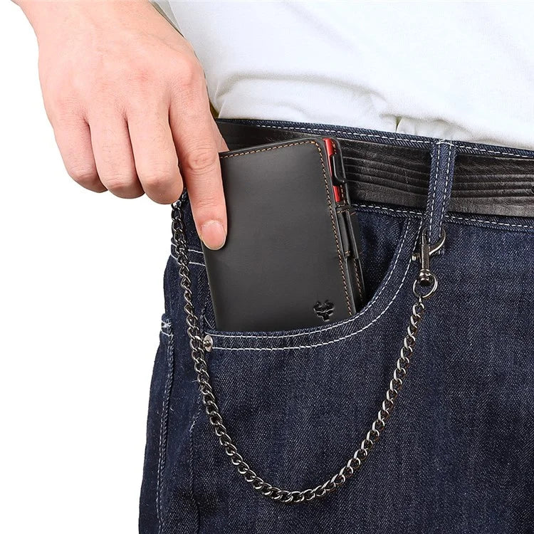 HUMERPAUL BP713 RFID Blocking Wallet Top Layer Cowhide Leather Metal Card Slot Coin Purse with Chain