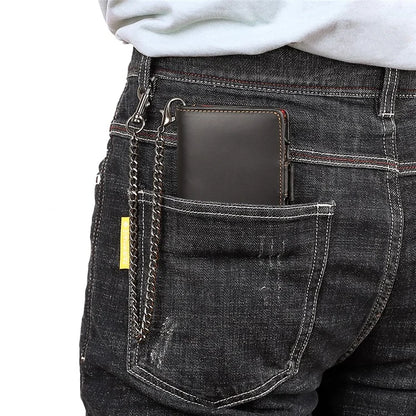 HUMERPAUL BP713 RFID Blocking Wallet Top Layer Cowhide Leather Metal Card Slot Coin Purse with Chain