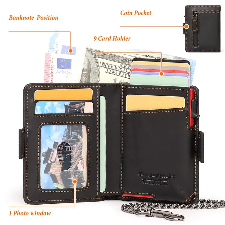 HUMERPAUL BP713 RFID Blocking Wallet Top Layer Cowhide Leather Metal Card Slot Coin Purse with Chain