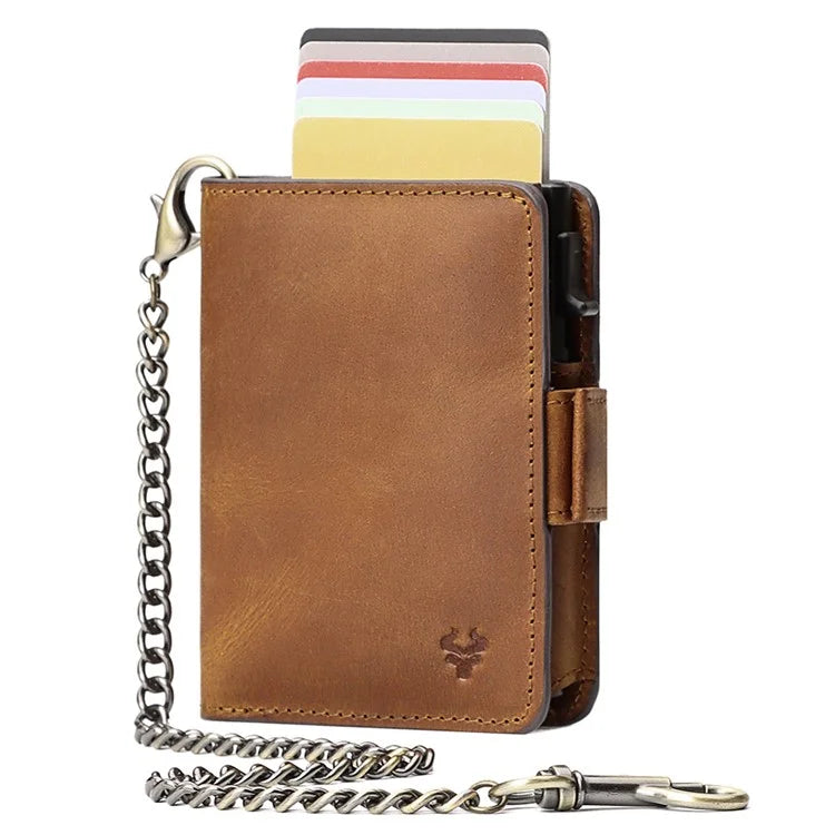 HUMERPAUL BP713 RFID Blocking Wallet Top Layer Cowhide Leather Metal Card Slot Coin Purse with Chain