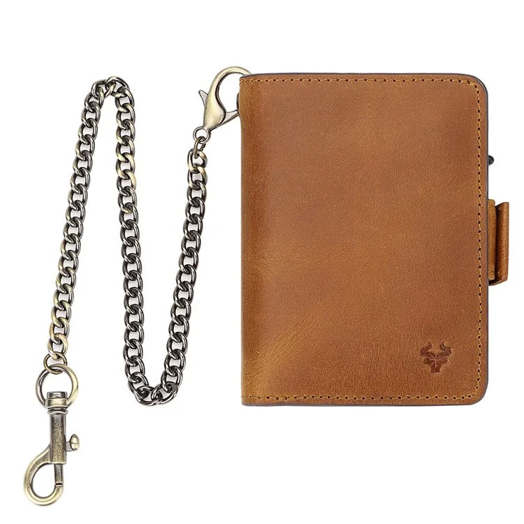 HUMERPAUL BP713 RFID Blocking Wallet Top Layer Cowhide Leather Metal Card Slot Coin Purse with Chain
