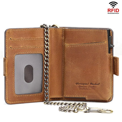 HUMERPAUL BP713 RFID Blocking Wallet Top Layer Cowhide Leather Metal Card Slot Coin Purse with Chain
