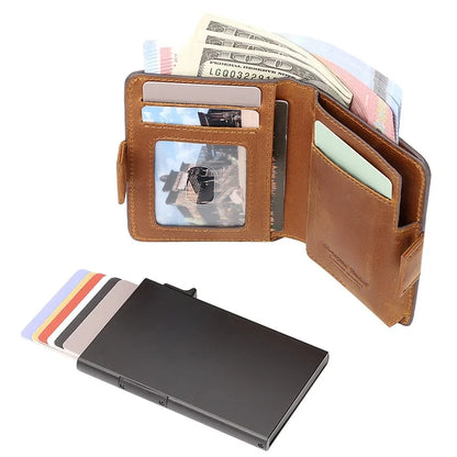 HUMERPAUL BP713 RFID Blocking Wallet Top Layer Cowhide Leather Metal Card Slot Coin Purse with Chain