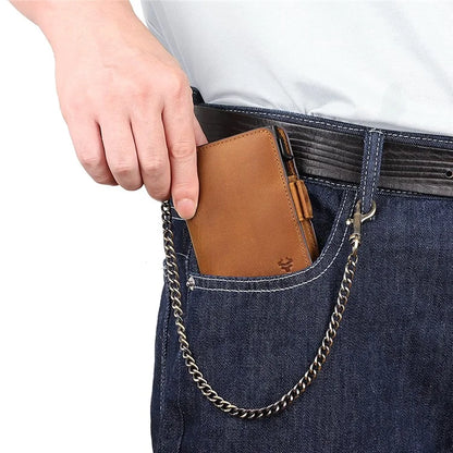 HUMERPAUL BP713 RFID Blocking Wallet Top Layer Cowhide Leather Metal Card Slot Coin Purse with Chain