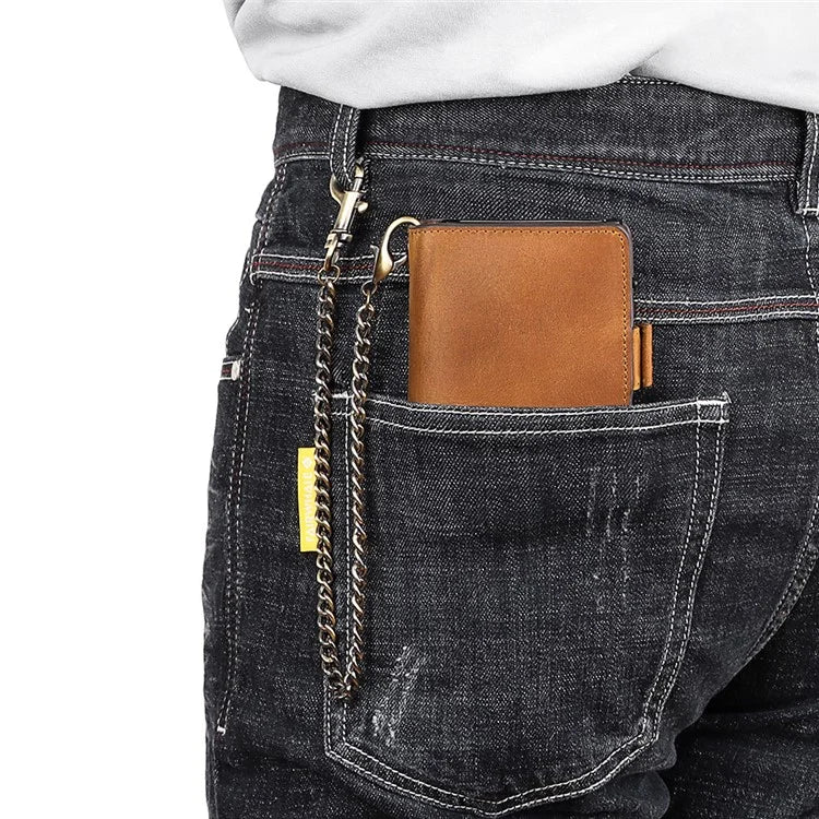 HUMERPAUL BP713 RFID Blocking Wallet Top Layer Cowhide Leather Metal Card Slot Coin Purse with Chain