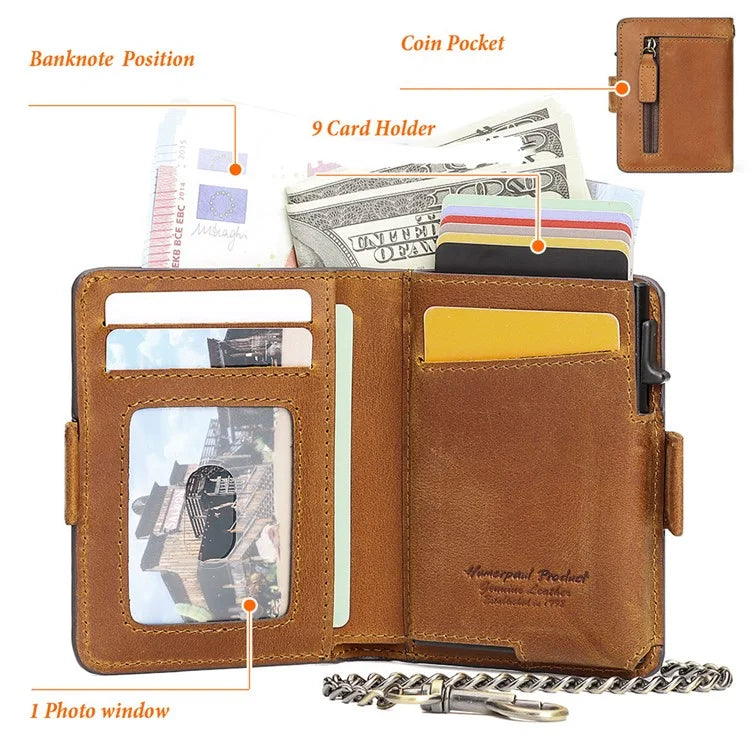HUMERPAUL BP713 RFID Blocking Wallet Top Layer Cowhide Leather Metal Card Slot Coin Purse with Chain