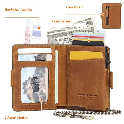 HUMERPAUL BP713 RFID Blocking Wallet Top Layer Cowhide Leather Metal Card Slot Coin Purse with Chain