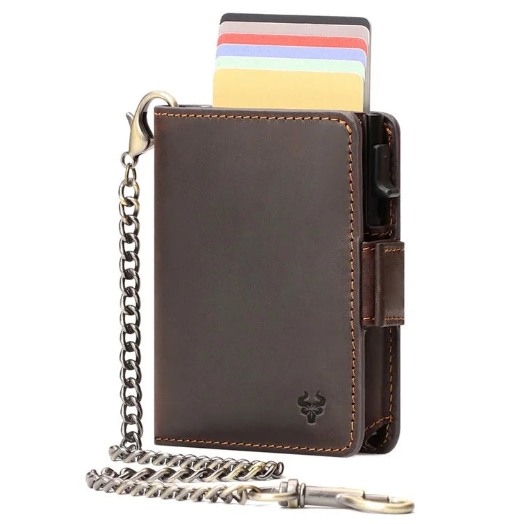 HUMERPAUL BP713 RFID Blocking Wallet Top Layer Cowhide Leather Metal Card Slot Coin Purse with Chain