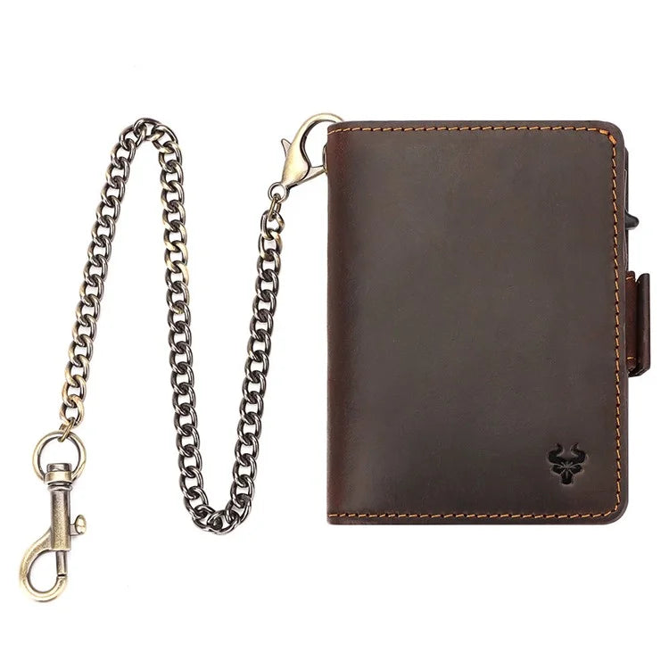 HUMERPAUL BP713 RFID Blocking Wallet Top Layer Cowhide Leather Metal Card Slot Coin Purse with Chain