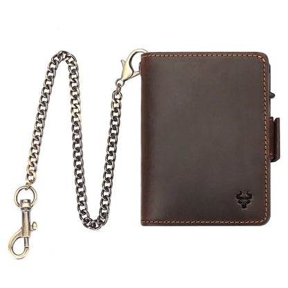 HUMERPAUL BP713 RFID Blocking Wallet Top Layer Cowhide Leather Metal Card Slot Coin Purse with Chain