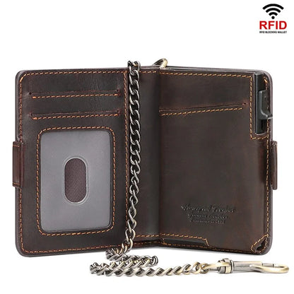 HUMERPAUL BP713 RFID Blocking Wallet Top Layer Cowhide Leather Metal Card Slot Coin Purse with Chain