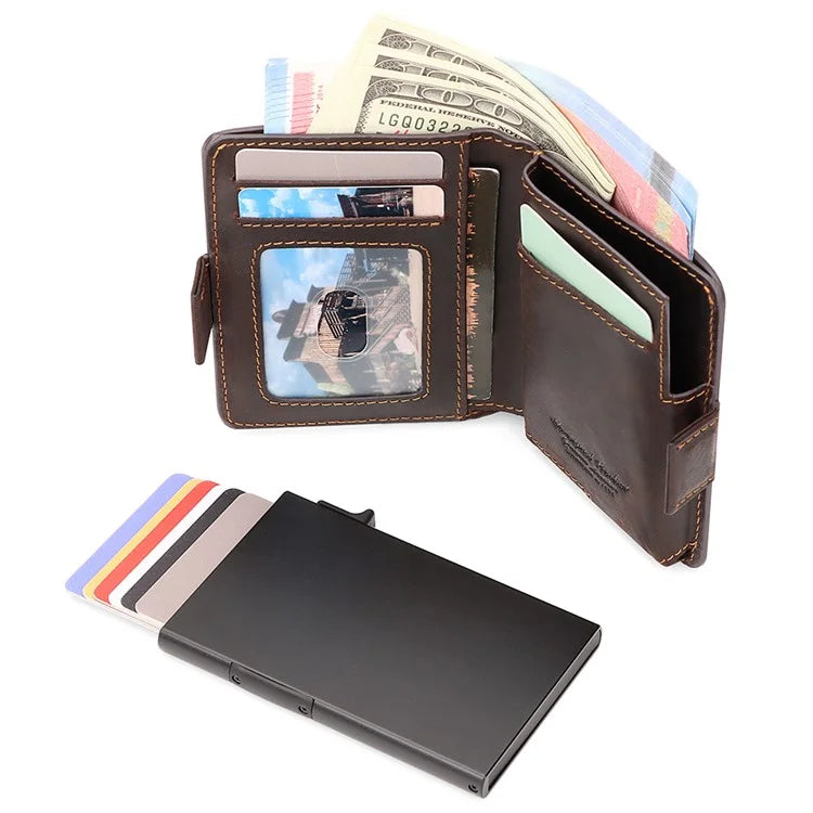 HUMERPAUL BP713 RFID Blocking Wallet Top Layer Cowhide Leather Metal Card Slot Coin Purse with Chain