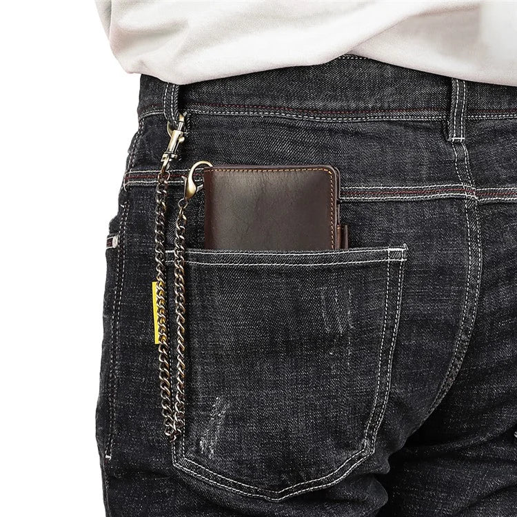 HUMERPAUL BP713 RFID Blocking Wallet Top Layer Cowhide Leather Metal Card Slot Coin Purse with Chain