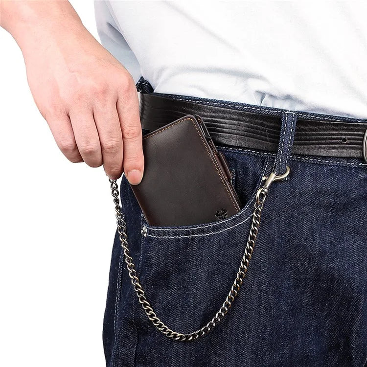 HUMERPAUL BP713 RFID Blocking Wallet Top Layer Cowhide Leather Metal Card Slot Coin Purse with Chain