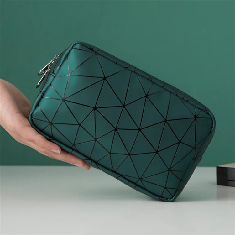 Diamond Pattern Portable Travel Zipper Toiletry Bag PU Leather Cosmetic Storage Bag