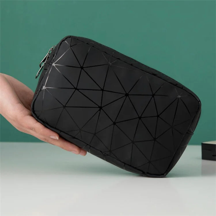 Diamond Pattern Portable Travel Zipper Toiletry Bag PU Leather Cosmetic Storage Bag
