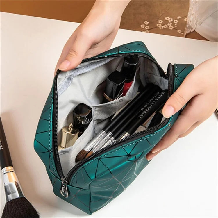 Diamond Pattern Portable Travel Zipper Toiletry Bag PU Leather Cosmetic Storage Bag