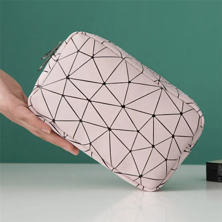 Diamond Pattern Portable Travel Zipper Toiletry Bag PU Leather Cosmetic Storage Bag